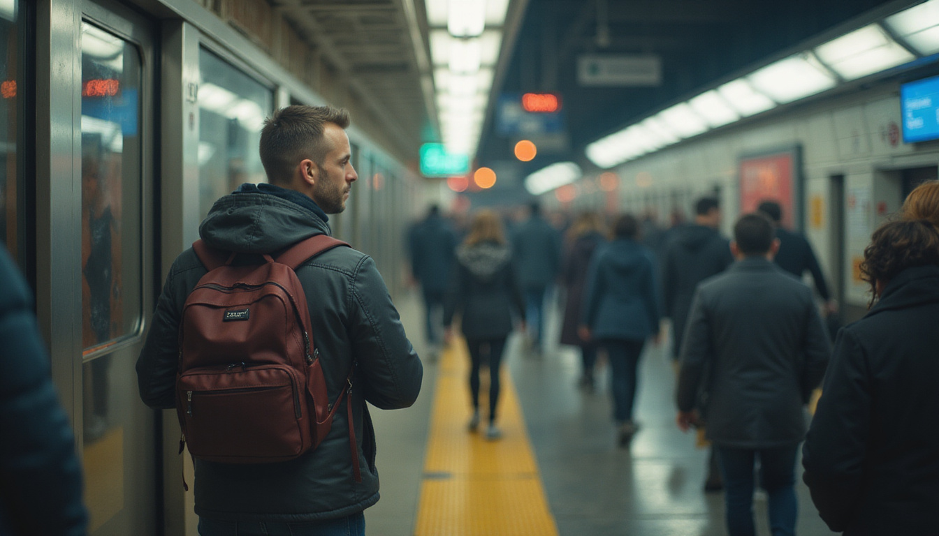 Urban commuter pausing on crowded subway platform, aura of inner peace, soft bokeh