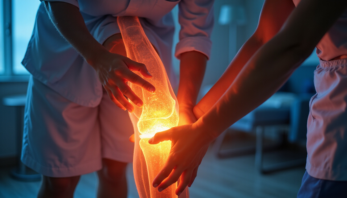  Physical therapist guiding rehabilitation, glowing joints, muscle fibers repairing, prevention and rapid recovery vibe