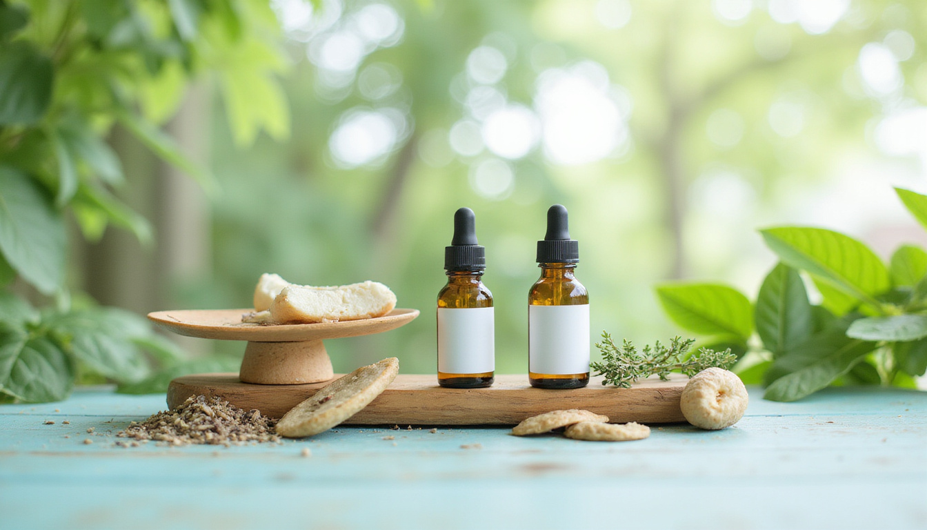  Natural remedy composition: balancing hormonal scales, clear sinuses, borage oil bottle, soft medicinal herbs