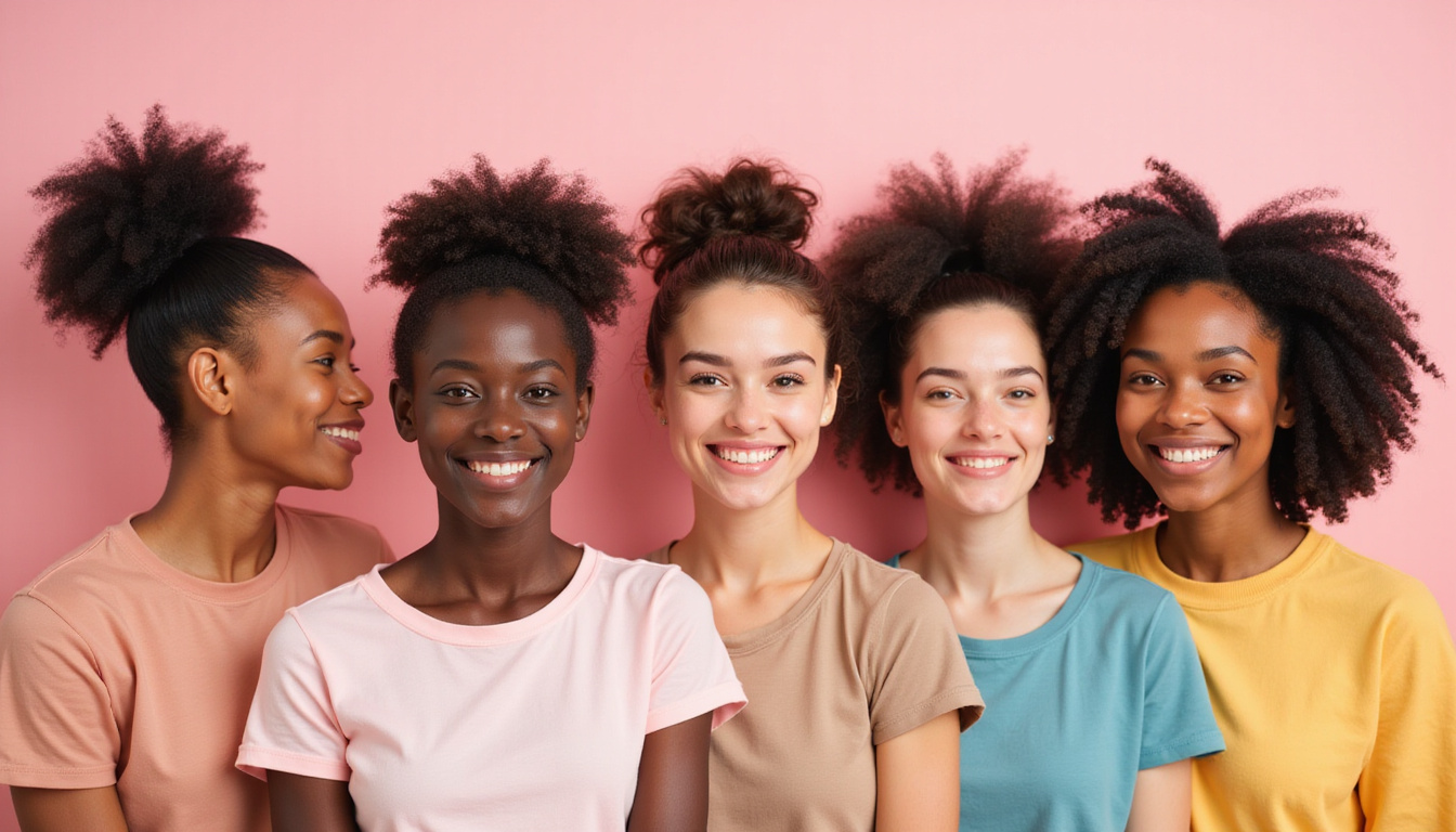  Diverse group smiling, before-and-after hair growth portraits, soothing pastel background, hopeful atmosphere