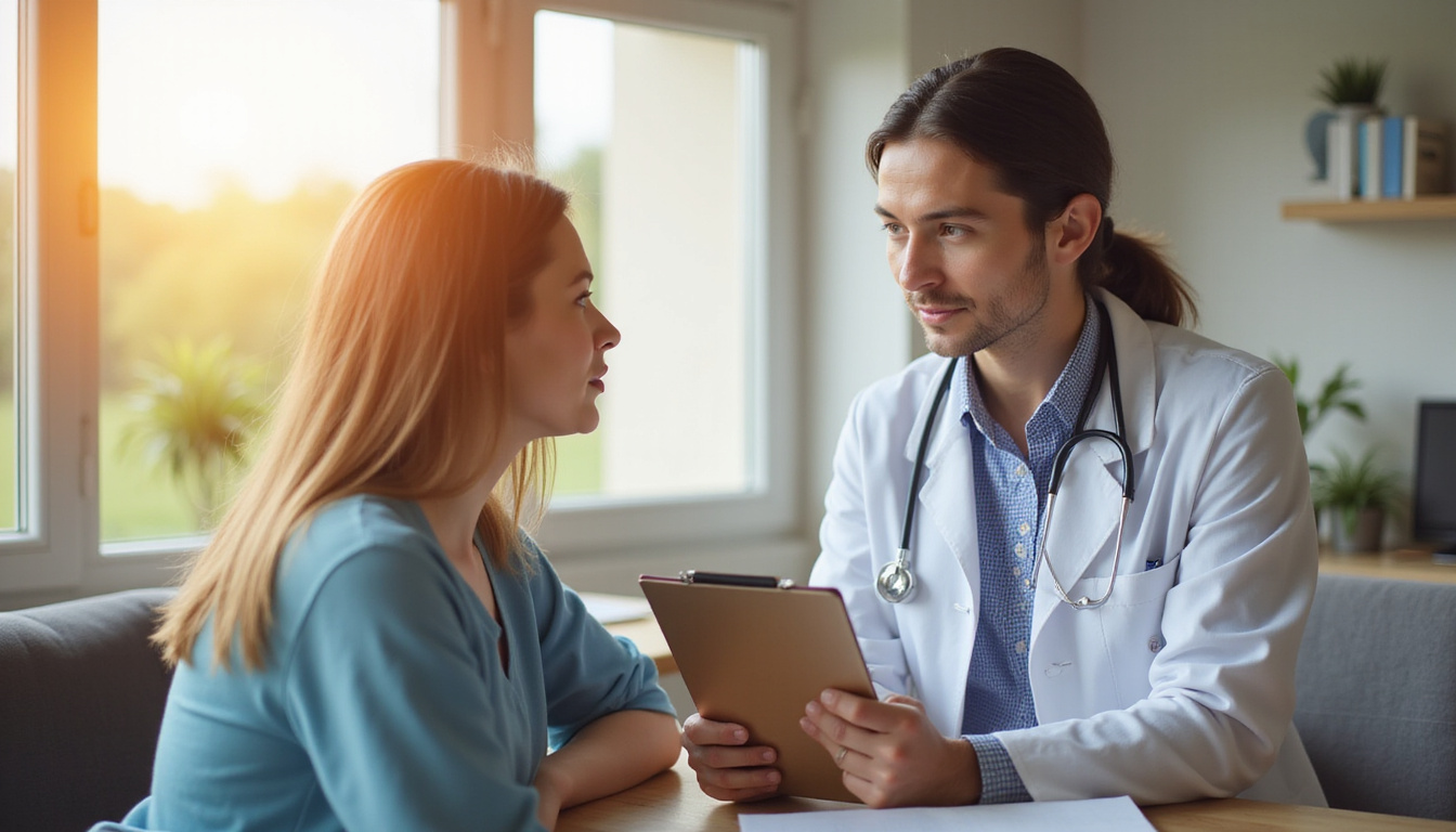  Compassionate clinician discussing HRT dosage with patient, clipboard, warm lighting, calm environment
