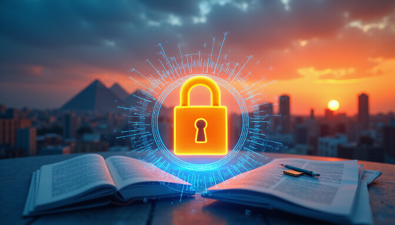 Secure digital property database, Egyptian skyline background, padlock icon, archival papers, verification stamp