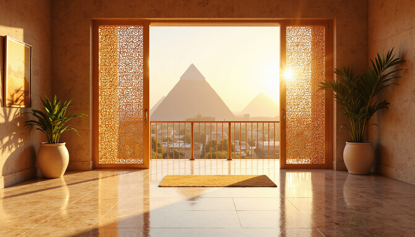 Sunlit marble apartment interior with gold accents, Arabic mashrabiya screens, balcony view of pyramids