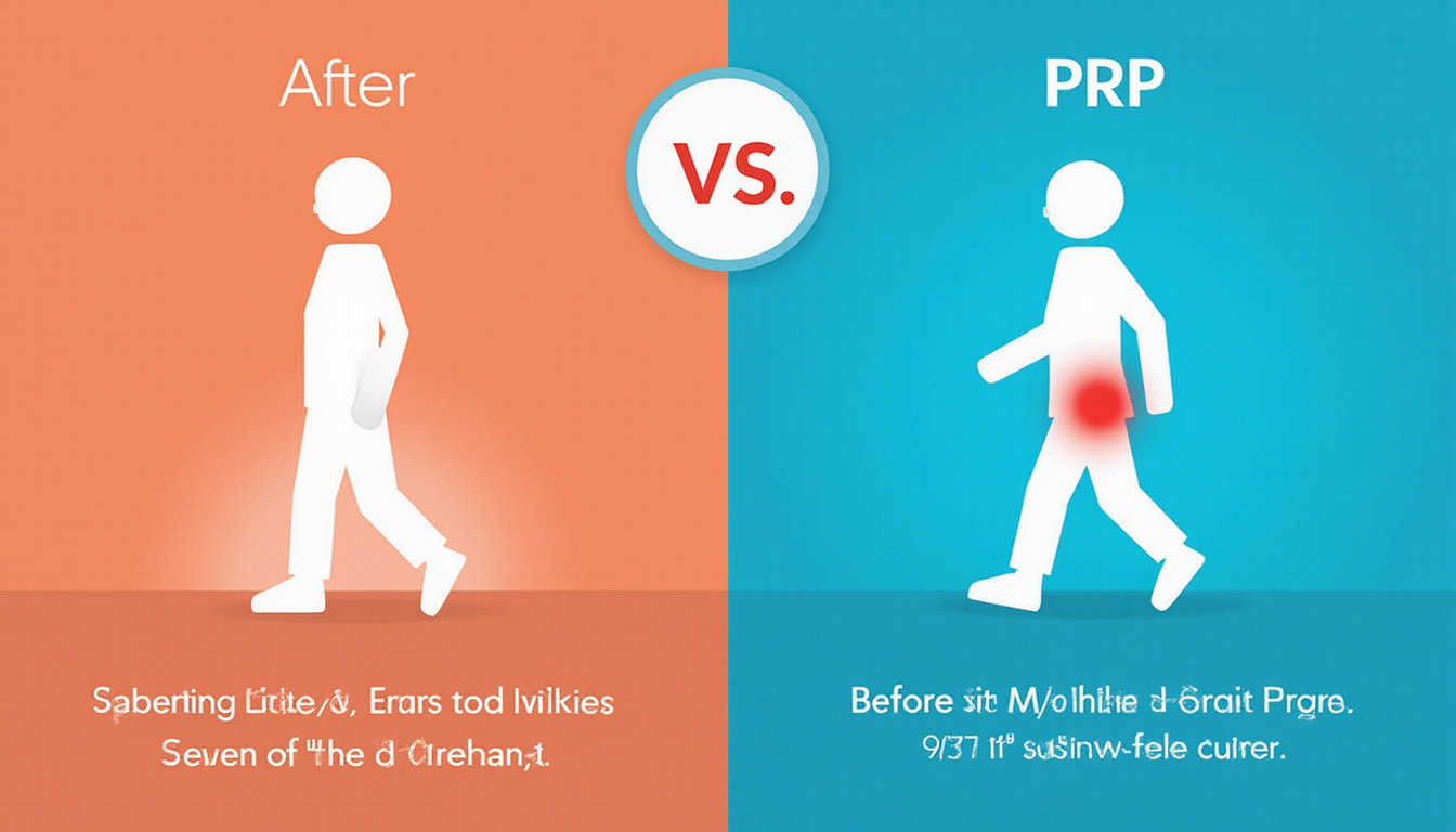 Split-screen infographic: hyaluronic acid versus PRP versus steroid, before-and-after patient walking pain-free