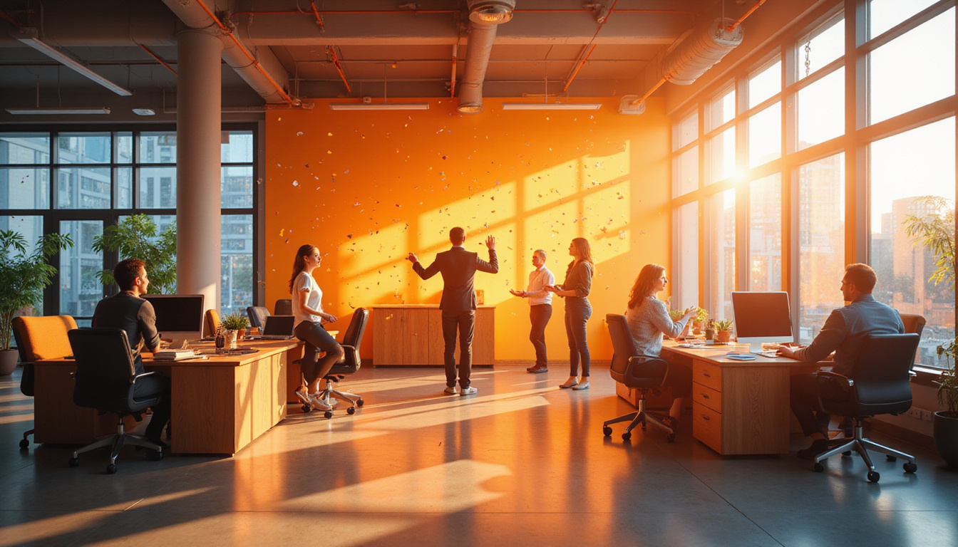 Warm open-office scene, progress bar above desks, retention icons, confetti, energetic teamwork