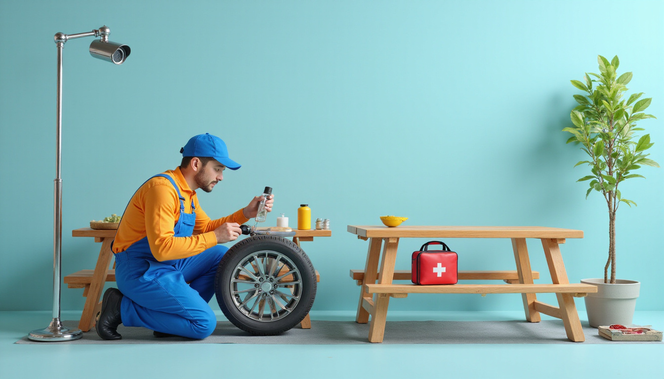 Mechanic checking tire and fluid, roadside first-aid kit, CCTV cameras, neat picnic benches, calm atmosphere