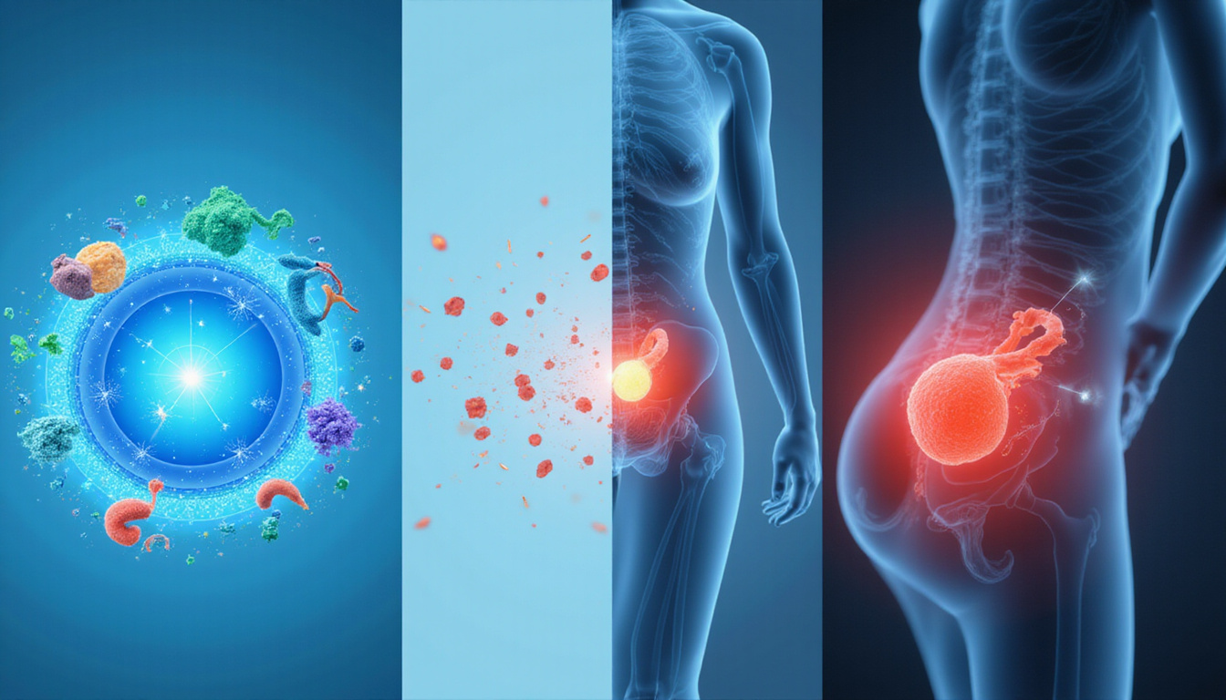  Split-scene illustrating herniated disc, arterial blockage, diabetic neuropathy icons, diagnostic tests and immediate relief