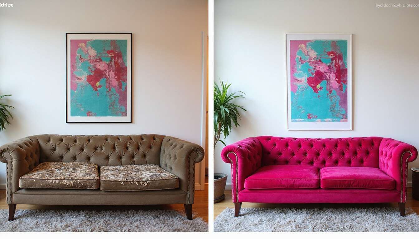  Before-and-after diptych: tattered sofa transformed into chic velvet statement piece, bold pattern, modern living room