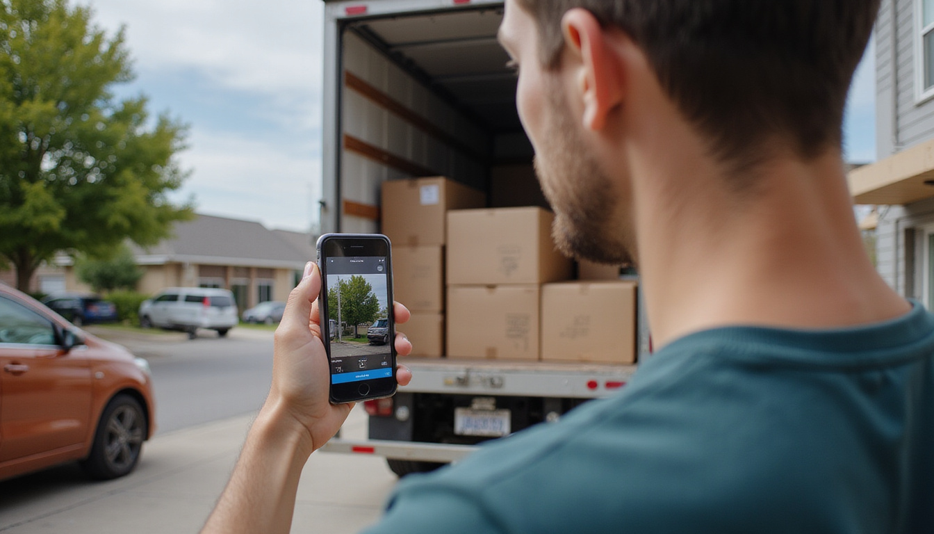  inventory app scanning valuables, protective cases, secure truck loading, calm homeowner observing