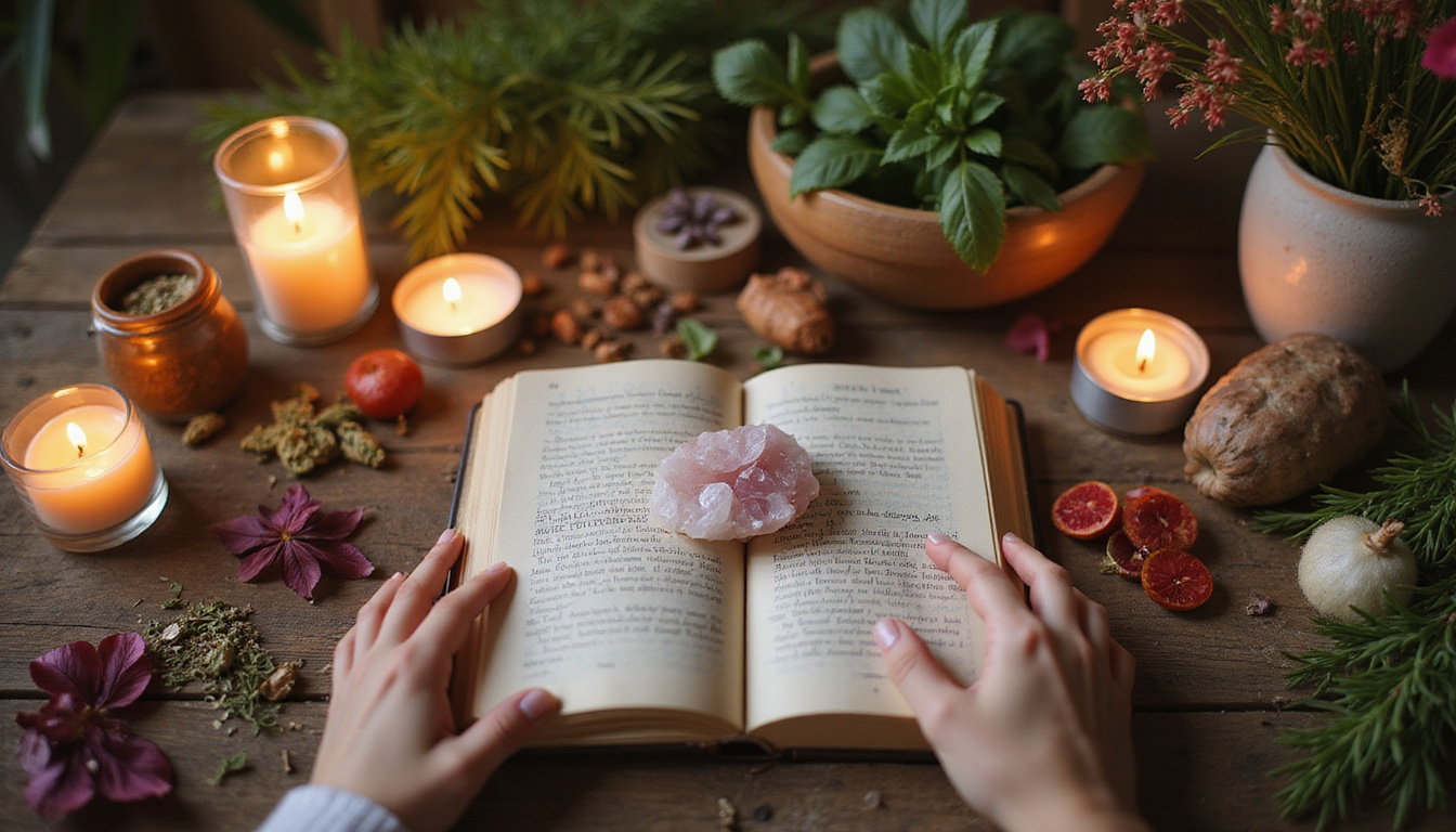  Cozy altar with herbs, candles, journal, warm candlelight, healing hands placing rose quartz, intimate still life
