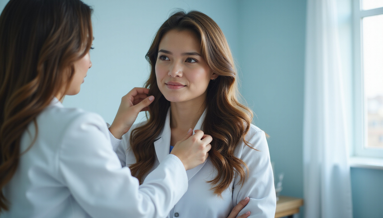  Clinician examining healthy long hair, gentle lighting, modern clinic, evidence-based treatment visuals
