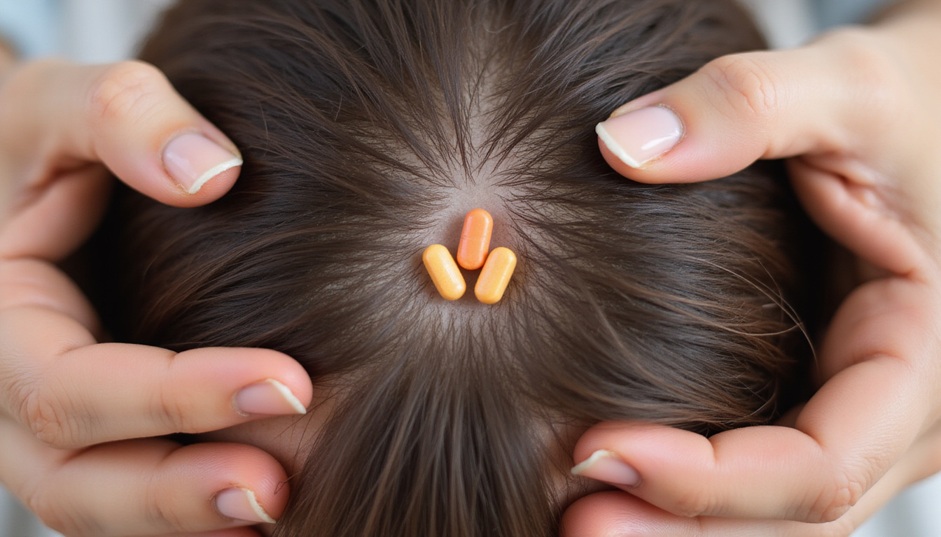  Close-up scalp showing new hair follicles, gentle hands, pills, balanced hormones illustrated, minimal side effects icon
