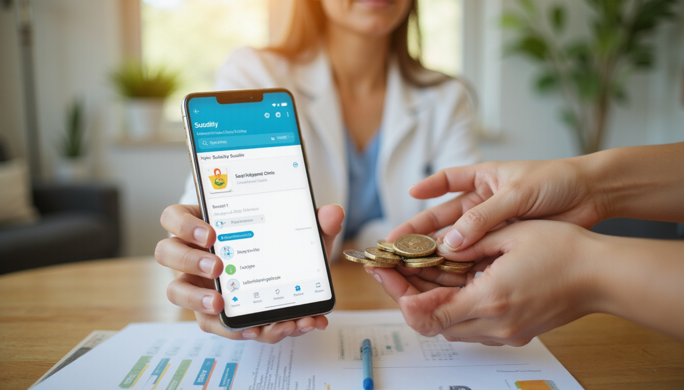 Close-up of hands exchanging subsidy form and smartphone app, coins, calendar, hopeful urban clinic background