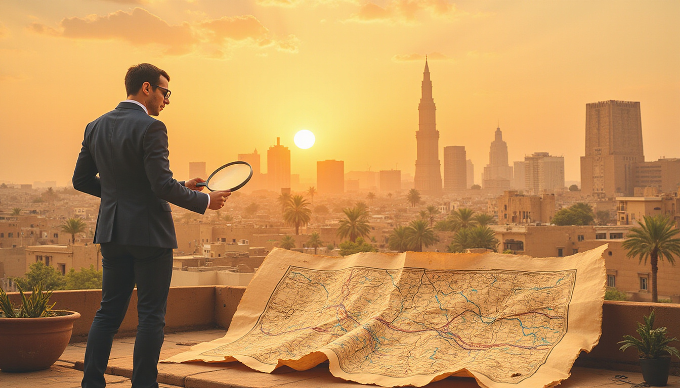  Real estate agent examining ancient map, Cairo skyline, papyrus contract, magnifying glass