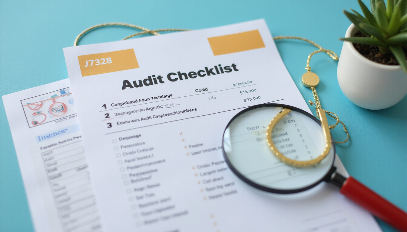  Shielded audit checklist, golden J7328 invoice, magnifying glass, calm clinician preventing compliance errors