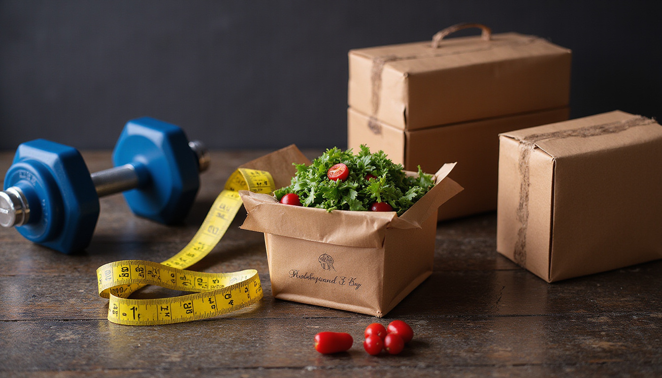  Athletic meal-prep boxes on wooden table beside dumbbells, measuring tape, vibrant fitness lighting