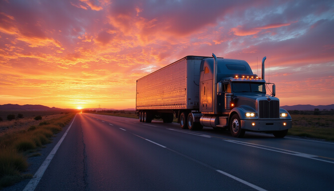 Pickup towing heavy trailer uphill, fuel gauge overlay, efficiency bars, sunset highway cinematic