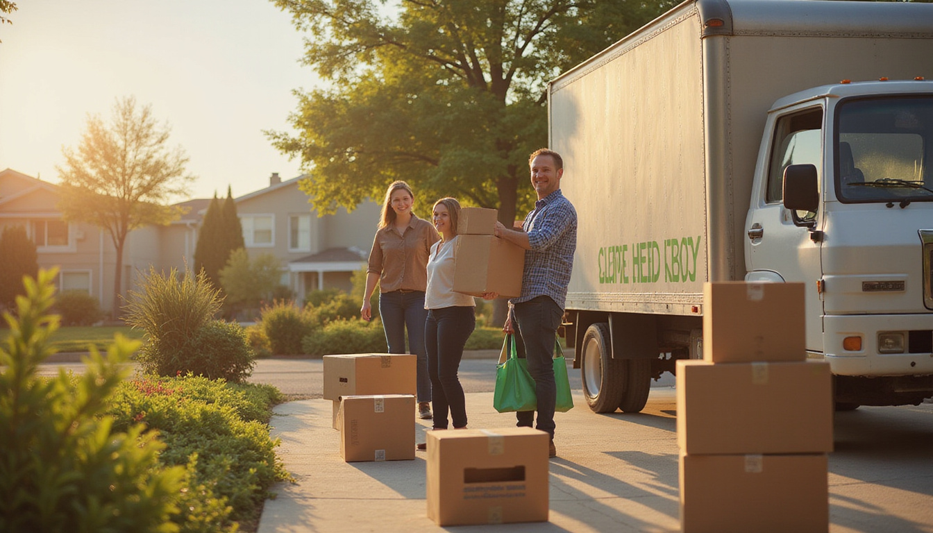  Stress-free cleanout scene: calm experts, eco-friendly truck, labeled boxes, smiling homeowners, warm golden light