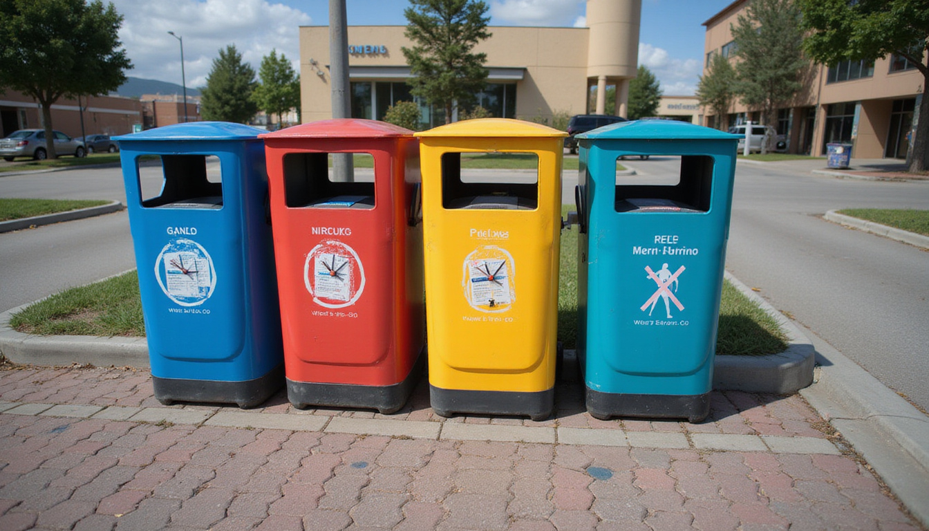  Curbside bins neatly arranged, crossed-out parking ticket, clock hands racing, peaceful street