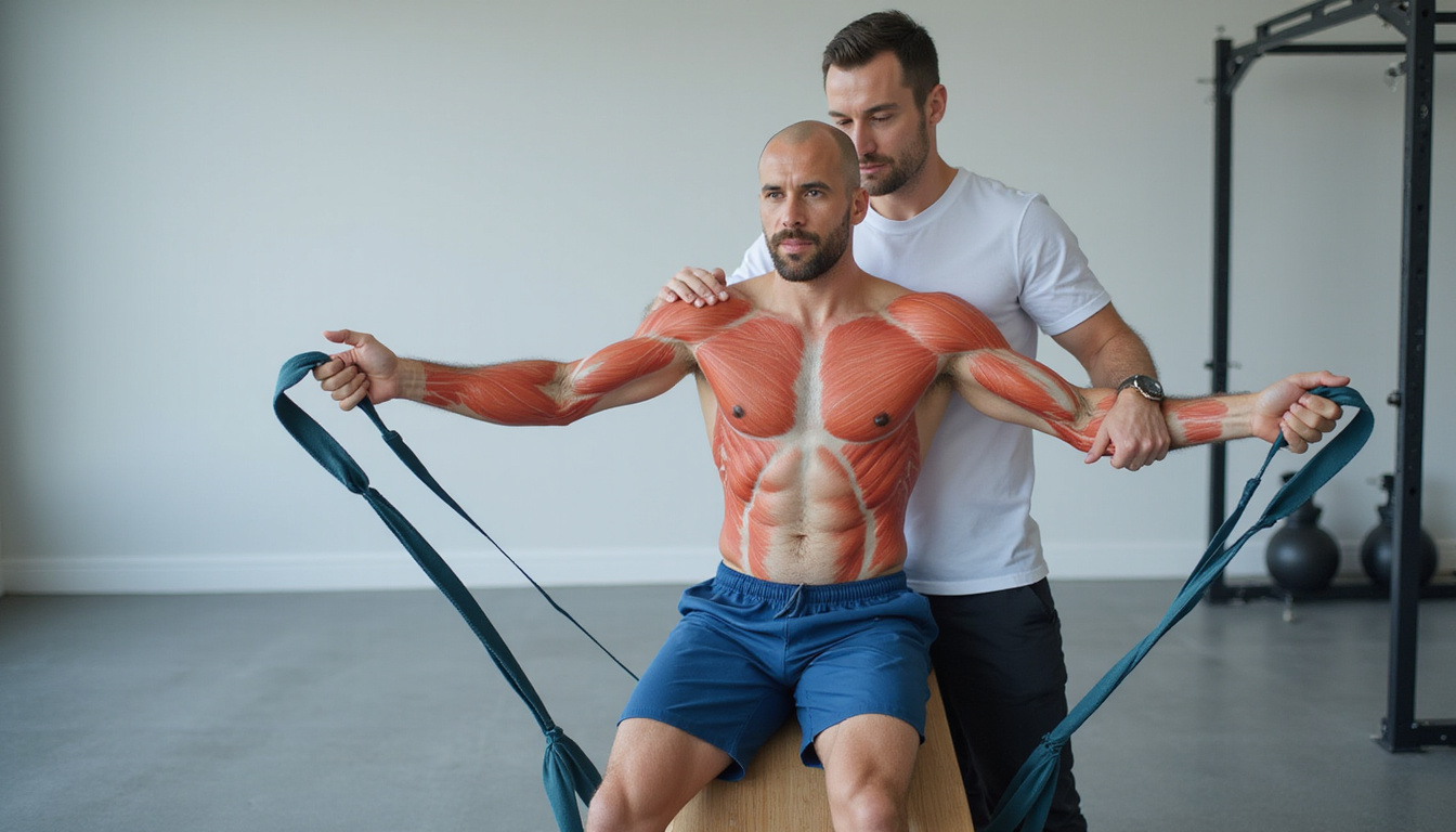  Physiotherapist guiding male player through resistance band external rotations, labeled muscles, clean clinical gym background