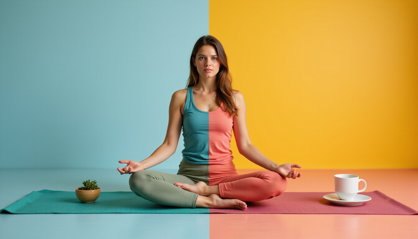  Split-scene: calm therapy session, yoga, herbal tea left, versus turmoil withdrawal symptoms, trembling hands