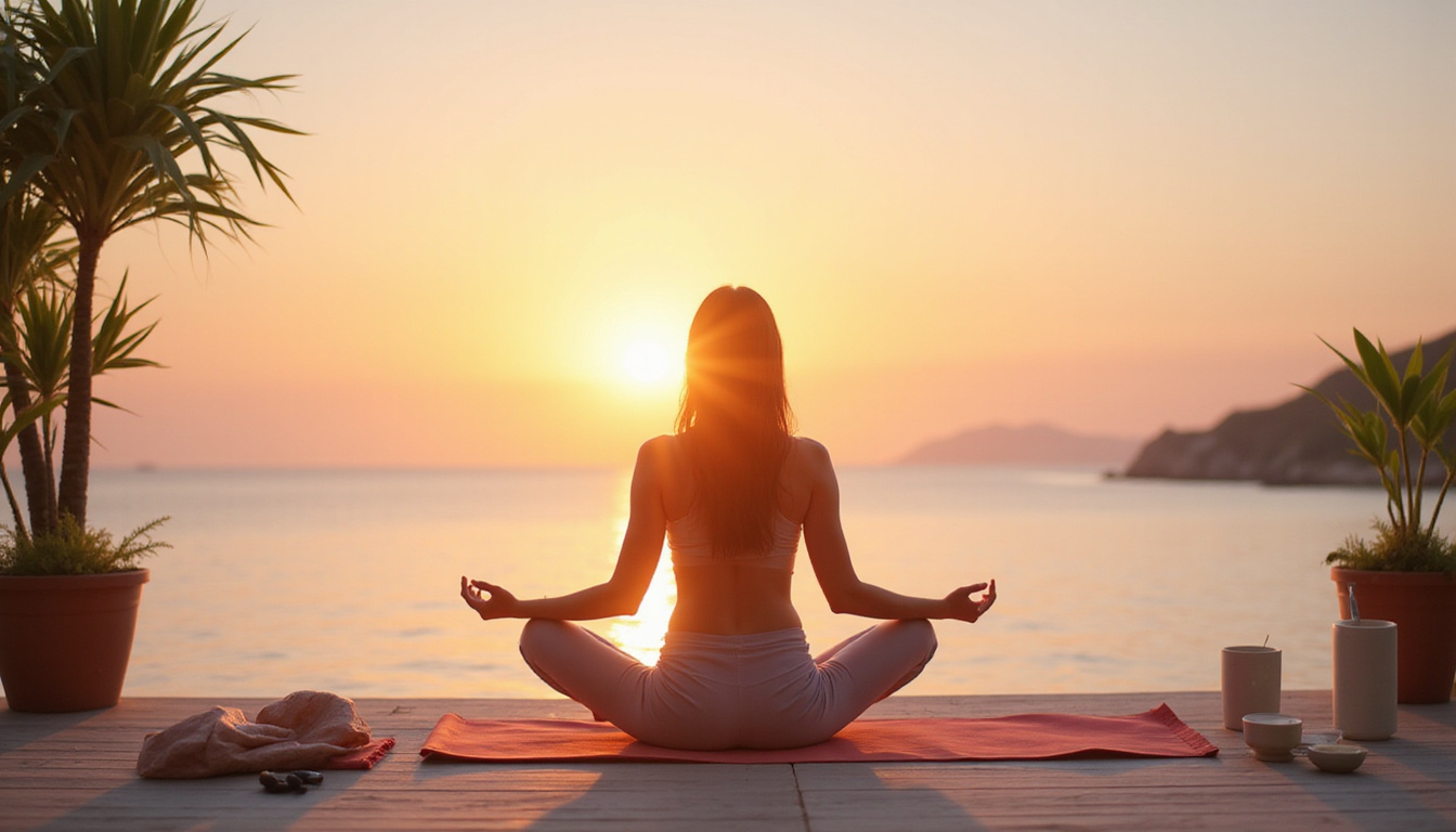  Calm recovery scene: yoga, balanced meals, supplements, support group, sunrise optimism, soft pastels