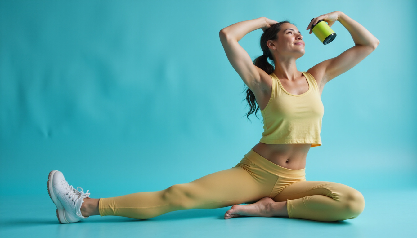 Balanced fitness scene: energized athlete lifting, yoga cooldown, full battery icon, serene smile