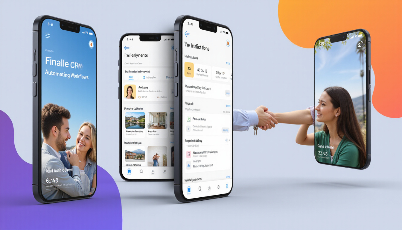  Sleek mobile CRM interface with automated workflows, task reminders, house keys, happy clients shaking hands