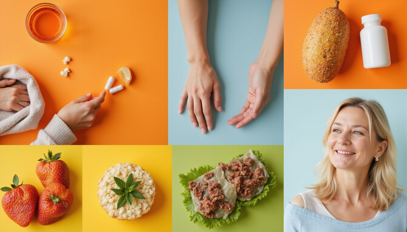  Warm lifestyle collage: yoga, anti-inflammatory foods, pill bottle, ice pack, smiling middle-aged woman