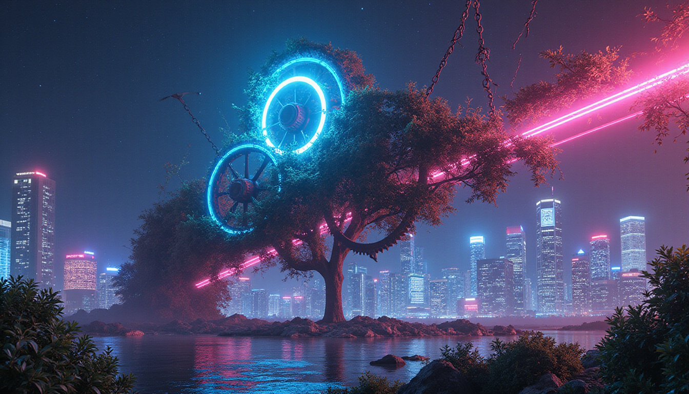  Clockwork gears bursting forward, vines breaking chains, neon progress trails, bold futuristic city skyline