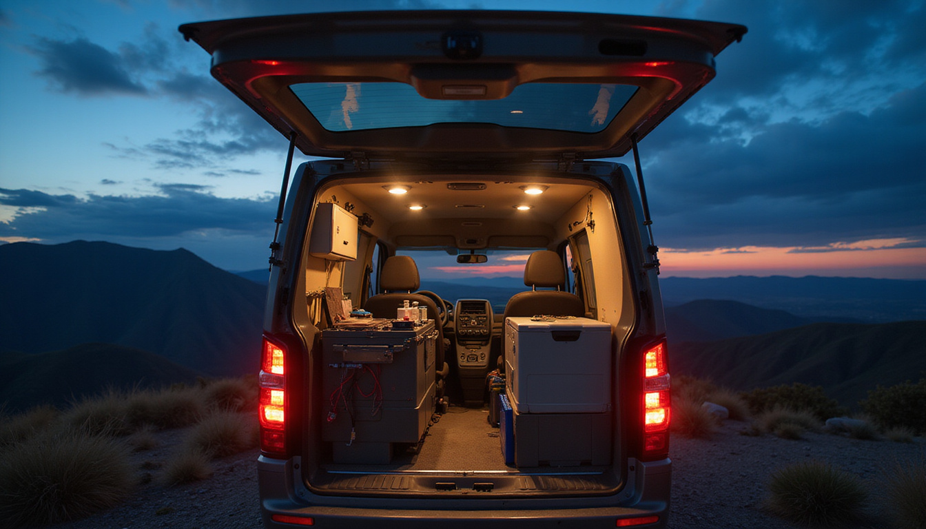  RV interior power compartment open at dusk, battery isolator panel illuminated, efficient camping lights