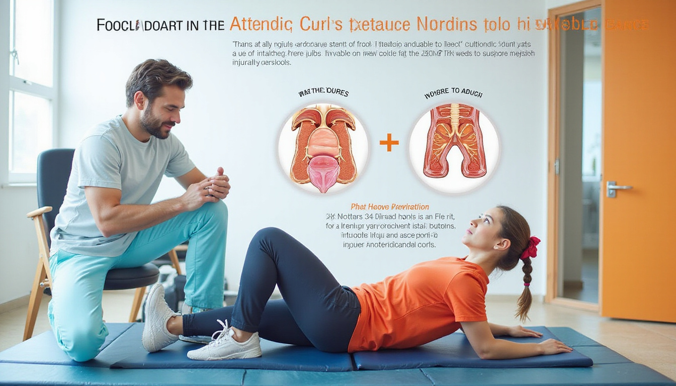 Sports physiotherapist demonstrating eccentric Nordic curls, anatomical overlays, injury prevention infographic, vibrant clinical setting
