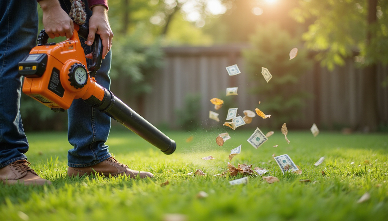  Homeowner using battery leaf blower, digital timer hovering, dollar coins falling, vibrant green lawn