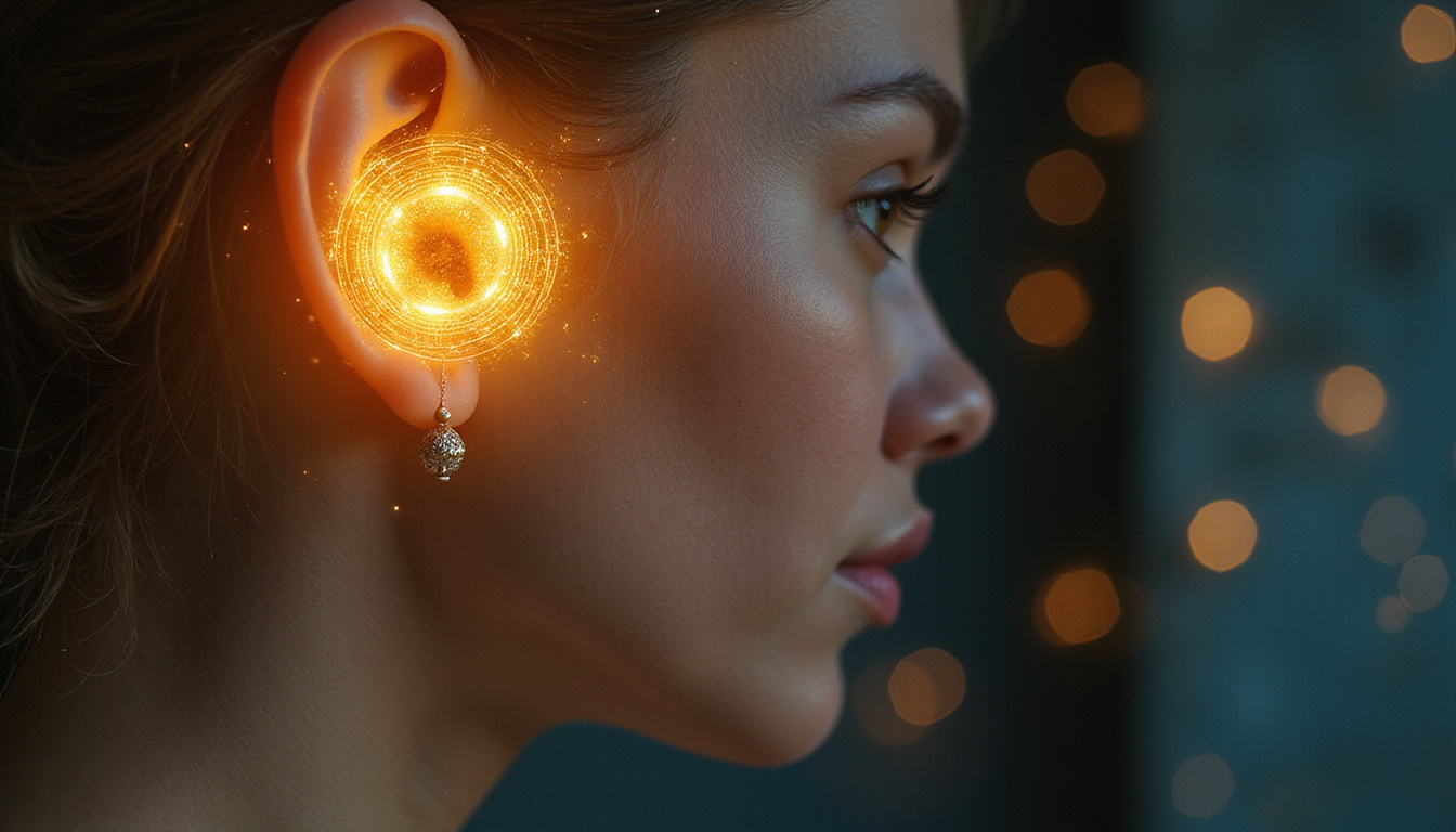 Close-up profile, golden inner ear illuminated by concentric light rings, mystical symbols, soft bokeh