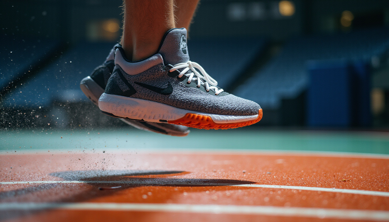  Close-up of agile footwork, airborne sneaker above court lines, sweat droplets, dramatic lighting