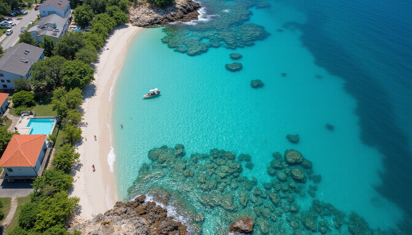  Aerial view of coastal property development, coral reef snorkeling, investors evaluating plans, warm light