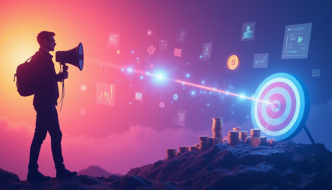 Marketer silhouette optimizing campaign pipeline, coins flowing into target, transparent UI overlays