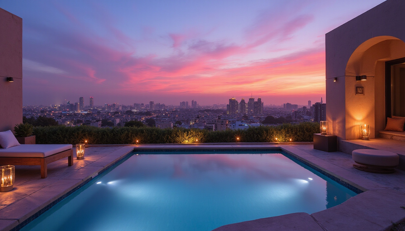  Hidden rooftop spa at sunset, candlelit plunge pool, panoramic Cairo skyline, discreet concierge