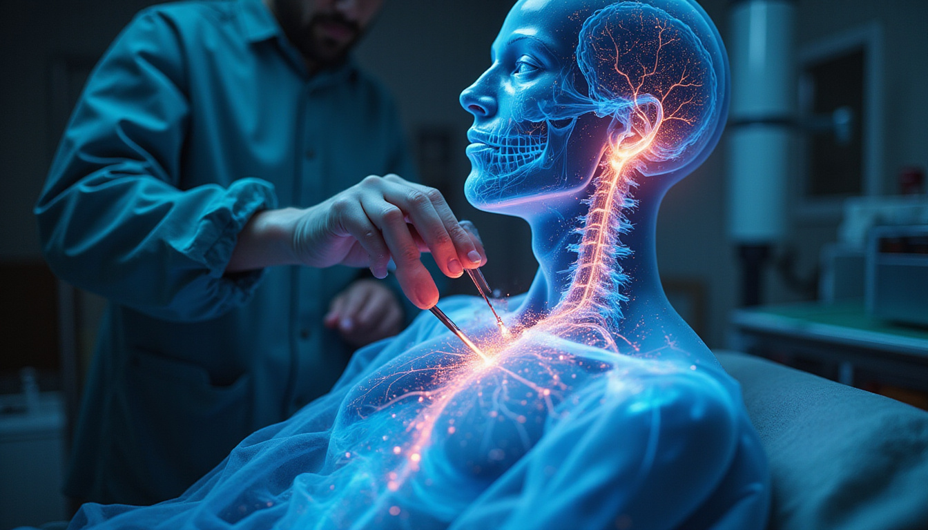 Futuristic surgeon implanting nano-electrode in dorsal root ganglion, holographic neuro-map, relieved patient silhouette