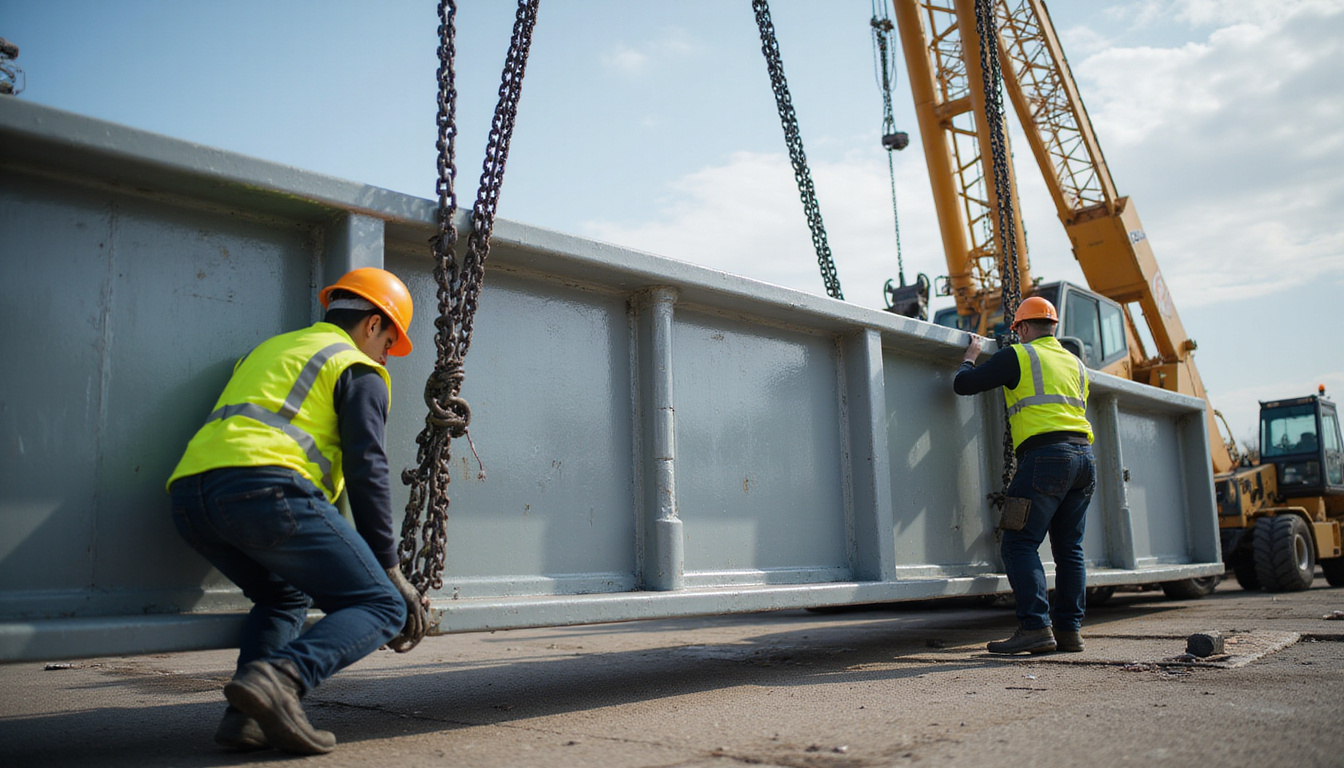  Close-up of workers in reflective vests securing oversized steel beam with heavy-duty chains, crane
