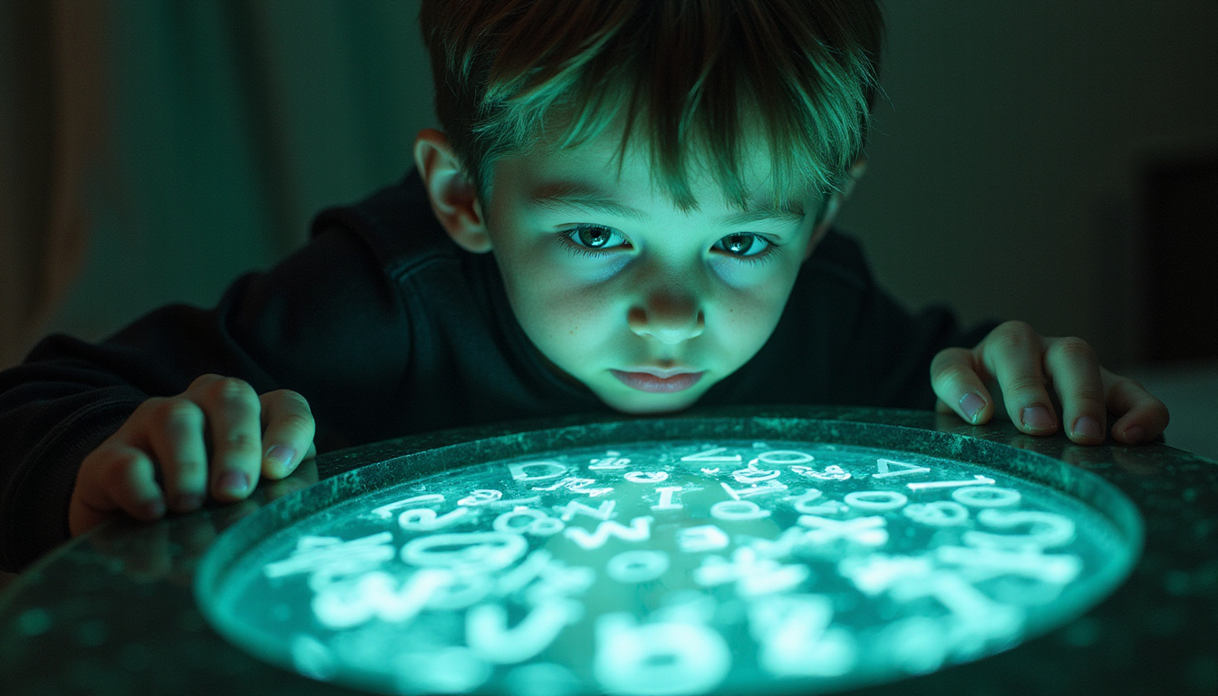  Young mystic peering into polished obsidian mirror, ghostly letters swirling, ethereal blue-green light