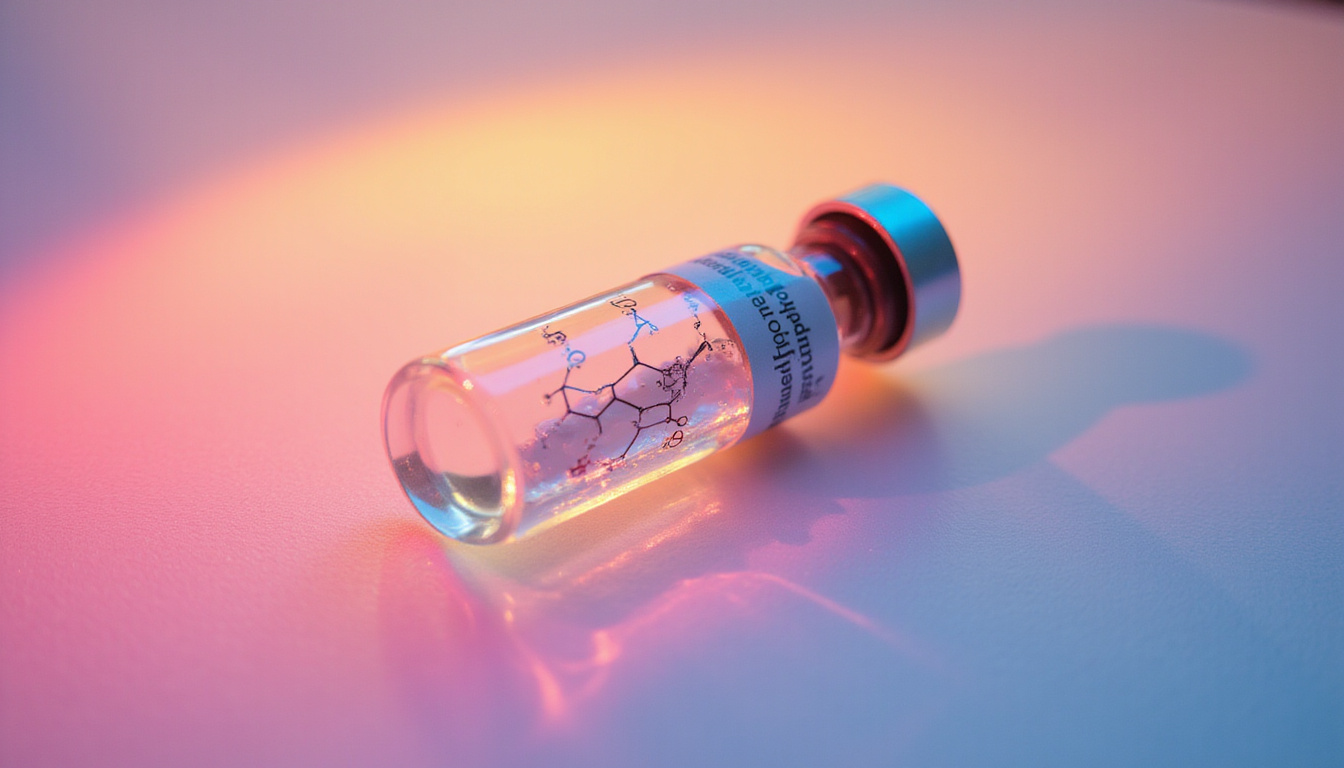  Laboratory vial with amino acid structure, hydroxyproline label, radiant healed skin, recovery aura