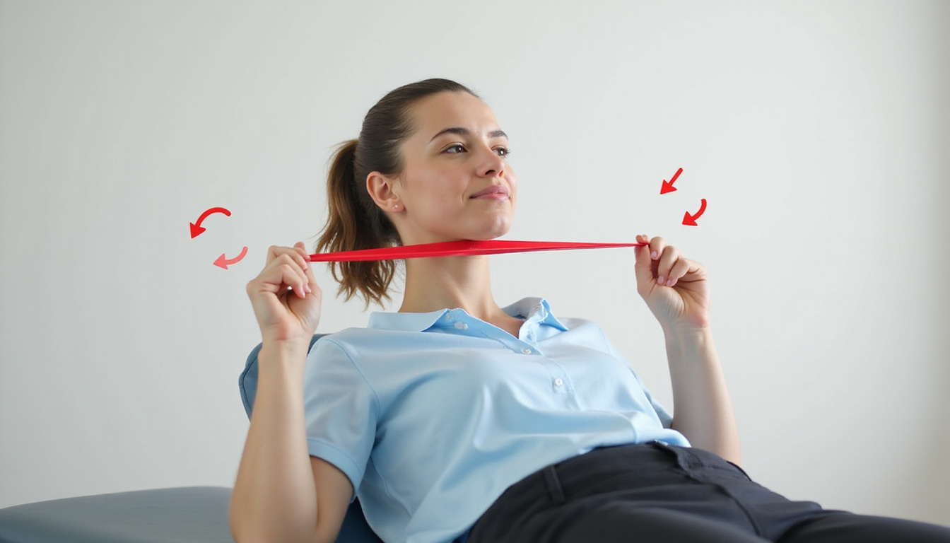  Patient performing controlled chin tuck exercises with resistance band, motion arrows, calm rehabilitation atmosphere