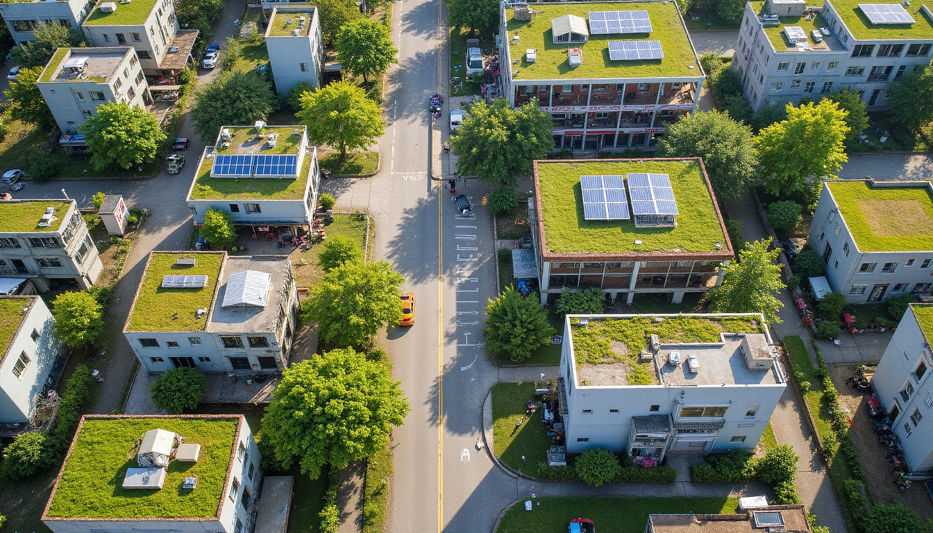 Aerial view of sustainable neighborhood: green roofs, solar panels, parks, cafes, transit hub, diverse residents
