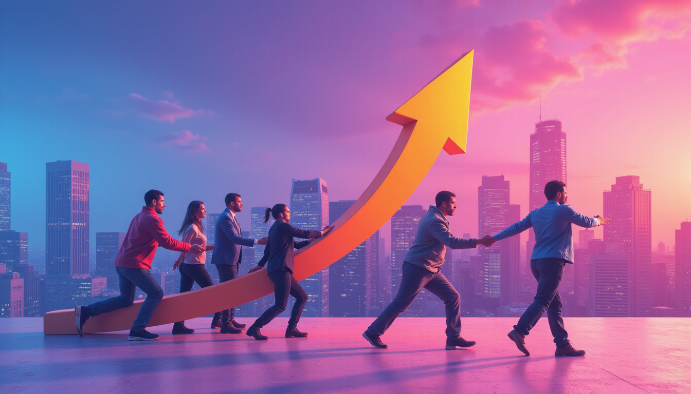 Isometric scene of diverse five-person team pushing giant upward arrow through city skyline, neon accents