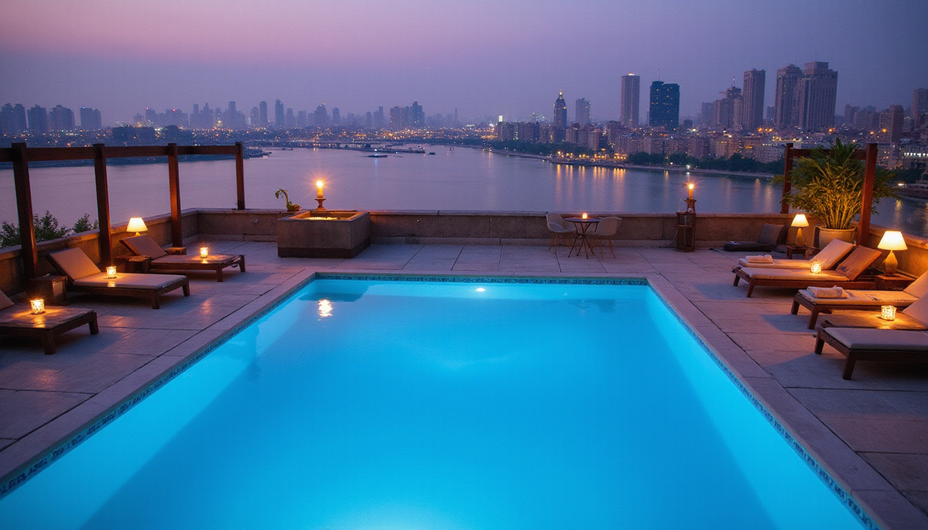  Rooftop infinity pool overlooking Nile and Cairo skyline, candlelit cabanas, private butler service