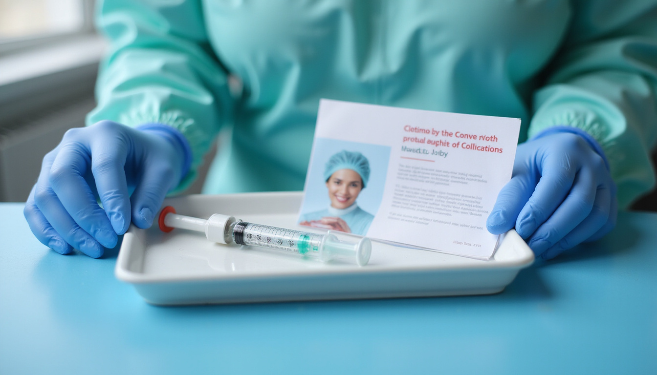  Macro shot: syringe and vial on sterile tray, gloved hands, reassuring brochure, soft depth of field