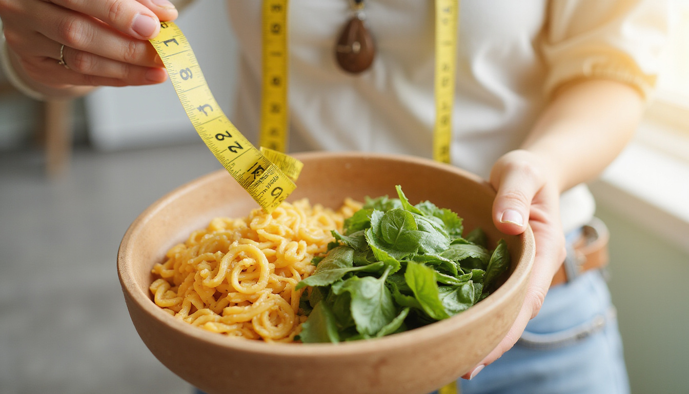 Balanced plate swapping pasta for vegetables, measuring tape, brighter energized person, morning sunlight