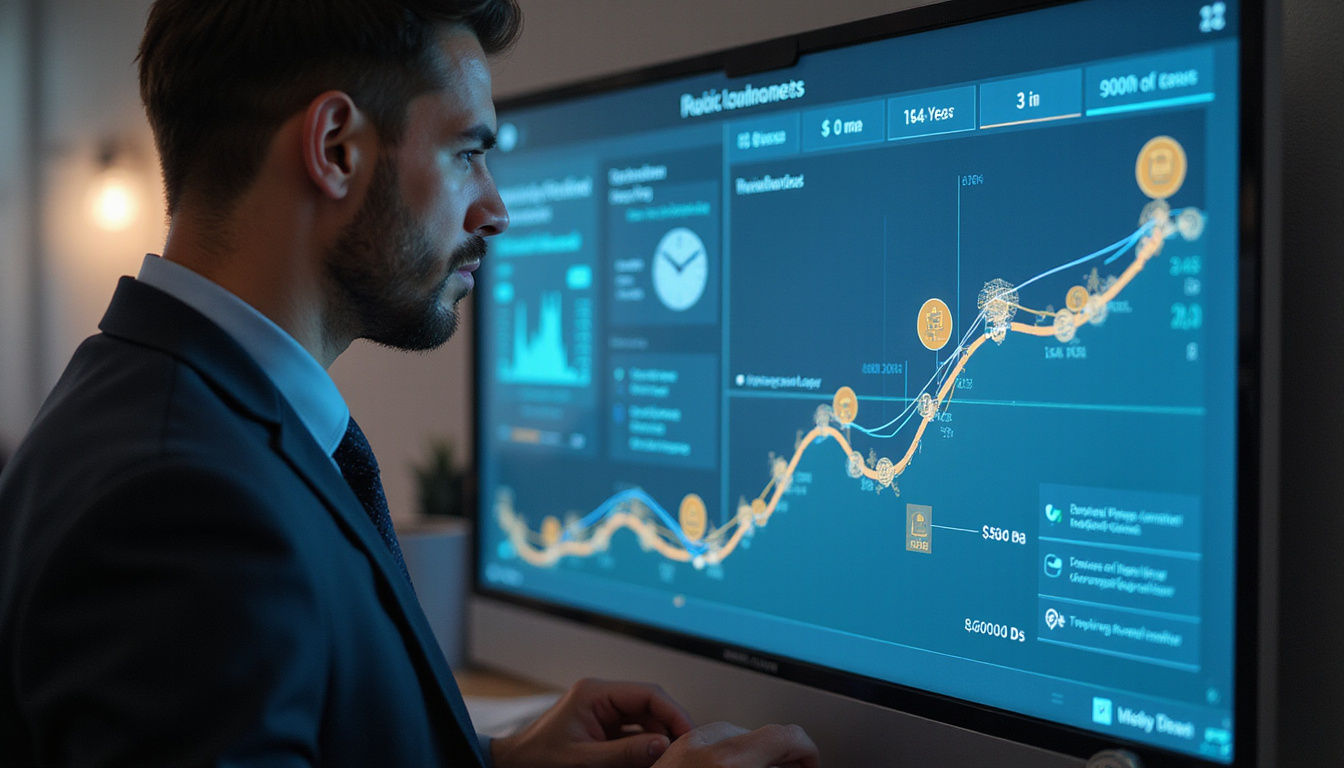 Business owner reviewing digital dashboard, clock and coins overlay, streamlined routes saving costs