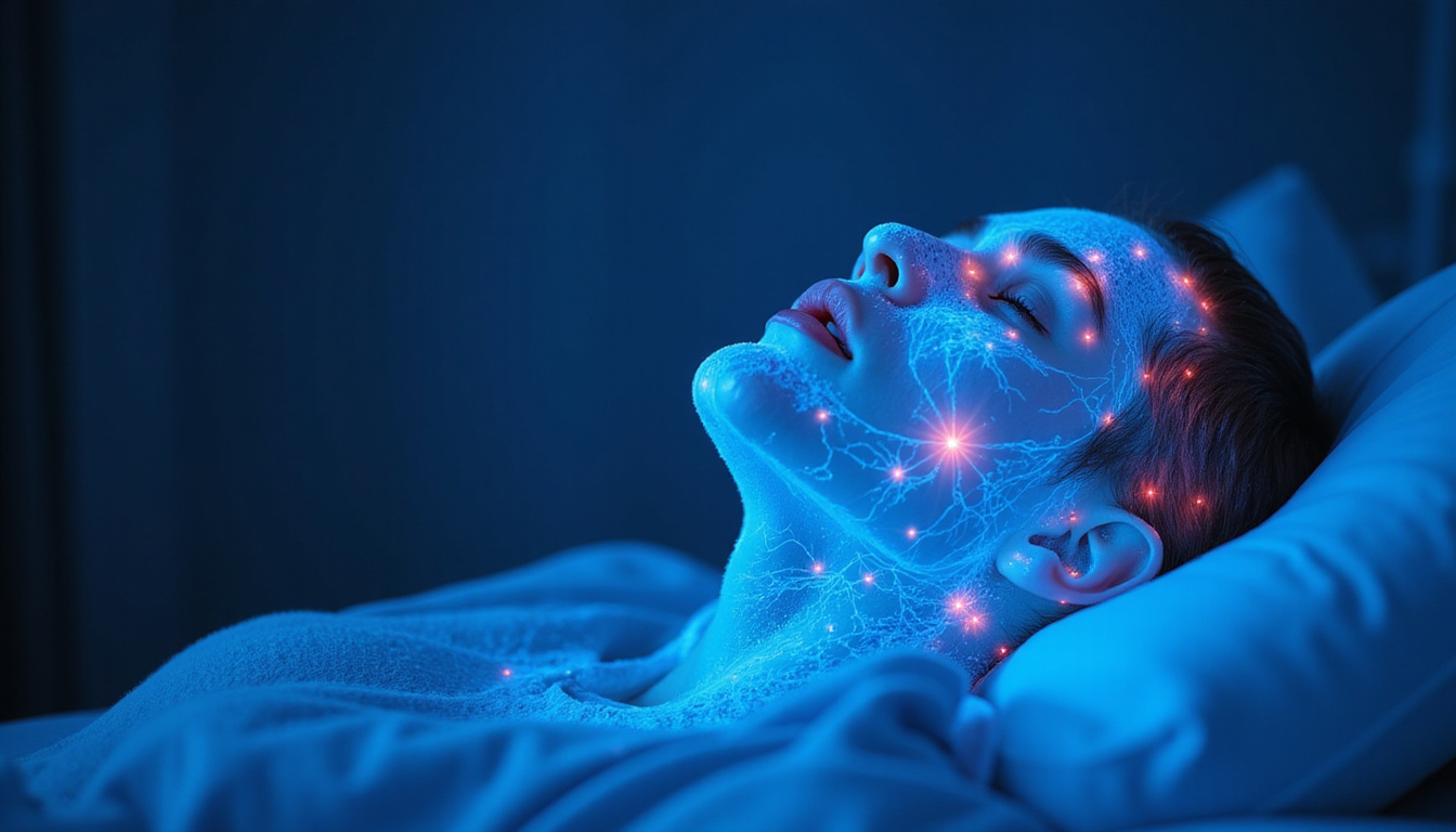  Serene patient bathed in soft blue light as neural circuits illuminate and pain evaporates